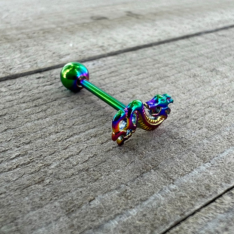 Rainbow Titanium Anodized 3-D Dragon  Barbell Tongue Ring