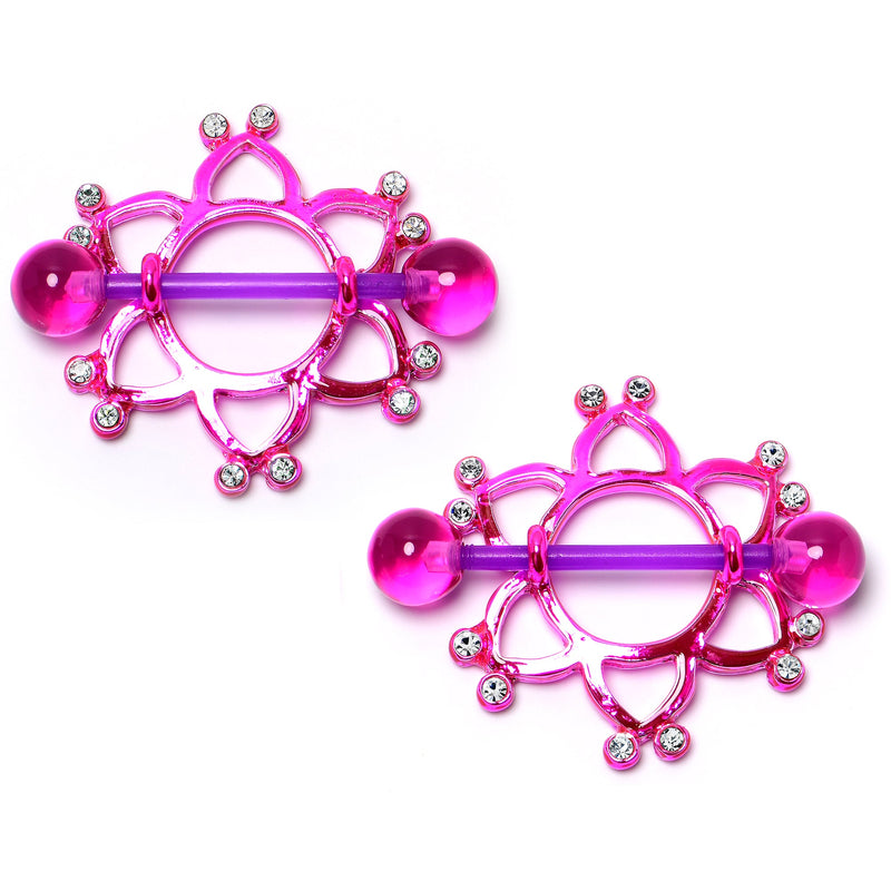 14G 5/8 Clear Gem Pinkish Bioplast Flower Nipple Shield Set