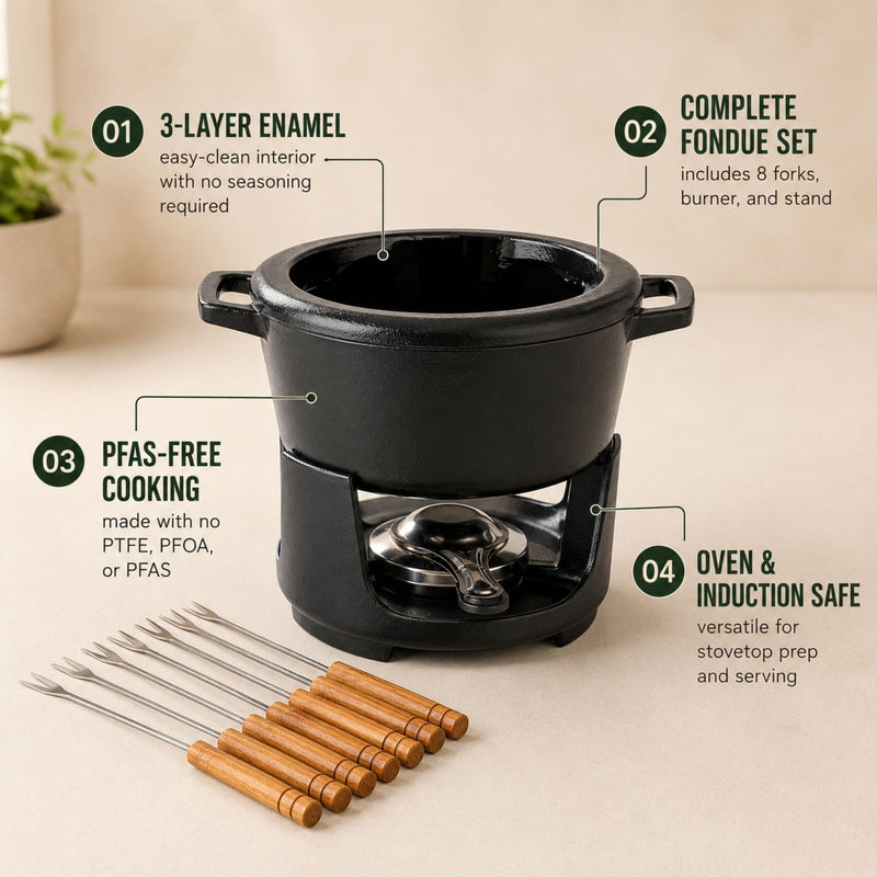 Enameled Cast Iron Fondue Set, 8-Piece, 2-Qt