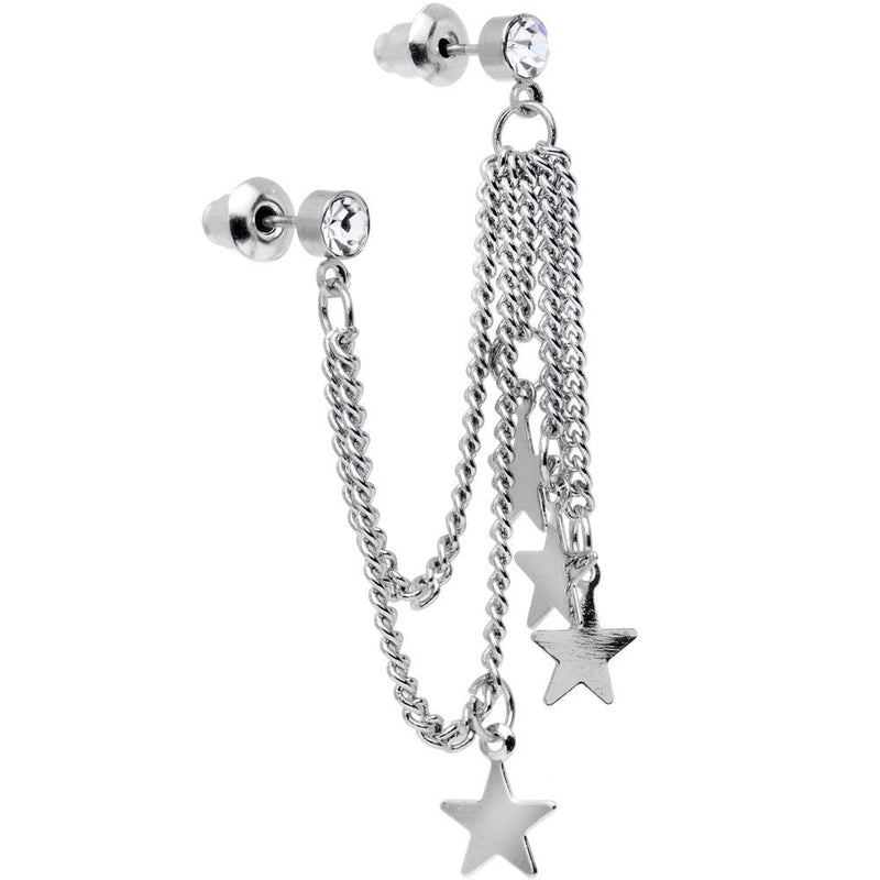 Clear Gem 3 Star Double Chain Ear to Cartilage Stud Earrings