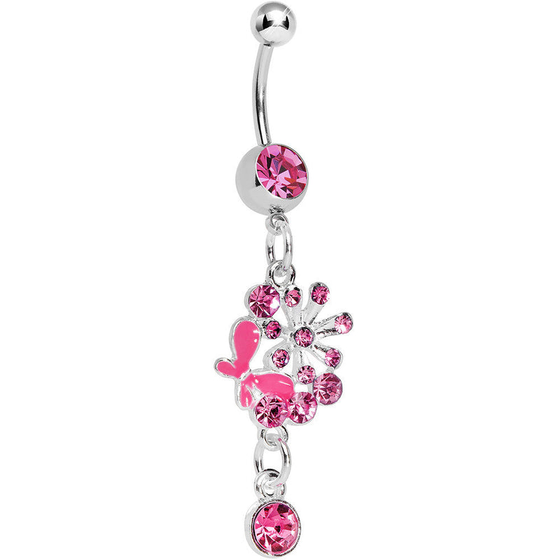 Single Gem Pink Floral Burst Butterfly Dangle Belly Ring