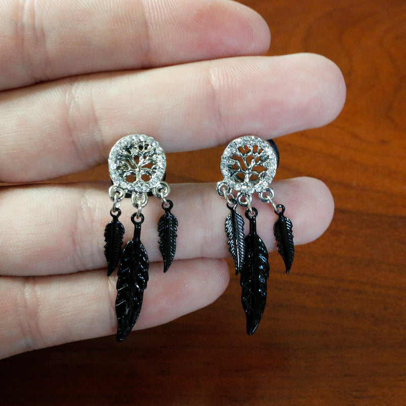 0G Clear Gem Steel Single Flare Tree of Life Dangle Plug Set