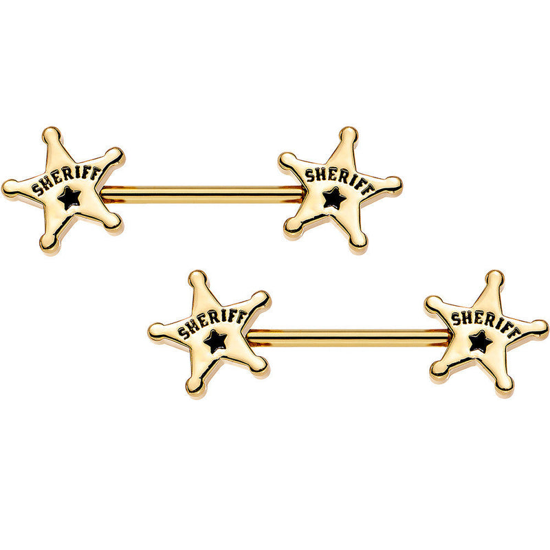 14G 5/8 Gold Plated Steel Sheriffs Badge Nipple Barbell Set