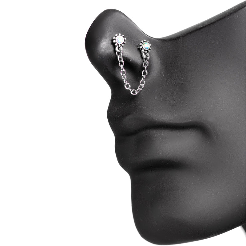 20G 1/4 White Synthetic Opal Chain Dangle Double Nose Bone