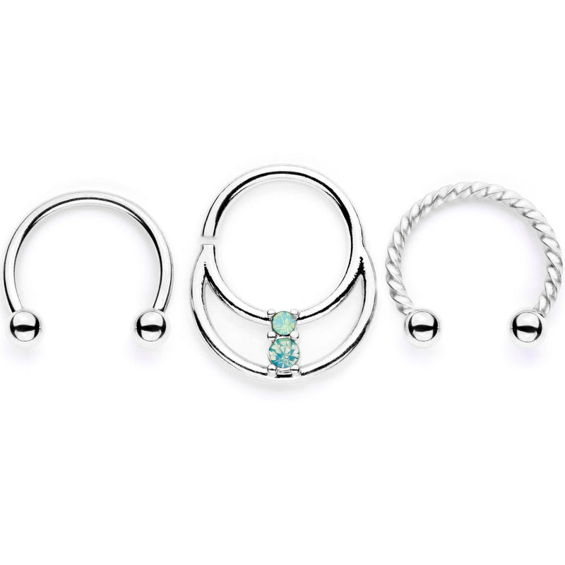 16G 3/8 Teal Faux Opal Twisted Horseshoe Closure Ring Set