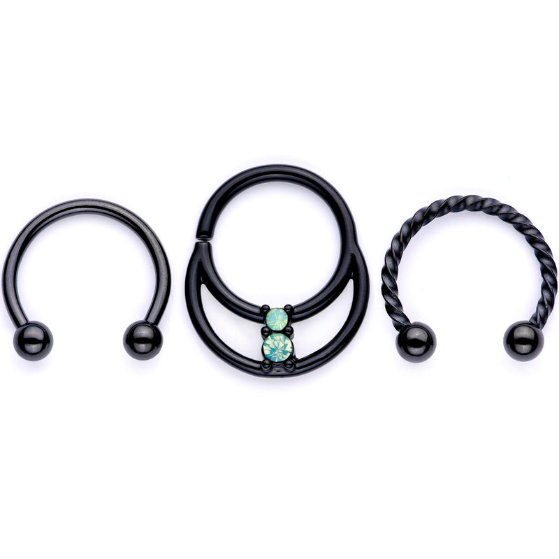 16G 3/8 Teal Faux Opal Black Anodized Horseshoe Closure Ring Set
