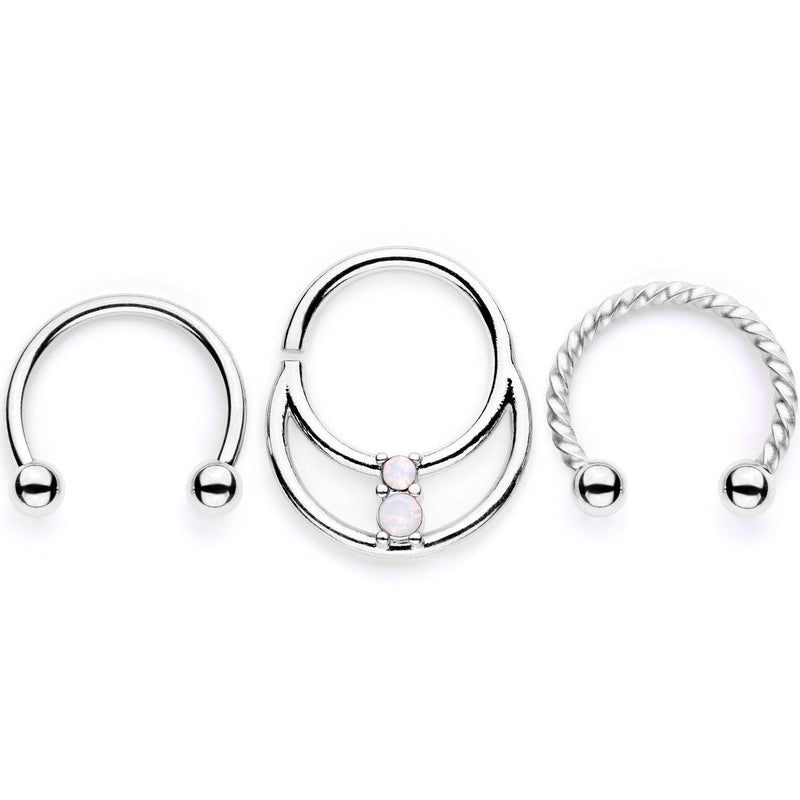 16G 3/8 White Faux Opal Twisted Horseshoe Closure Ring Set