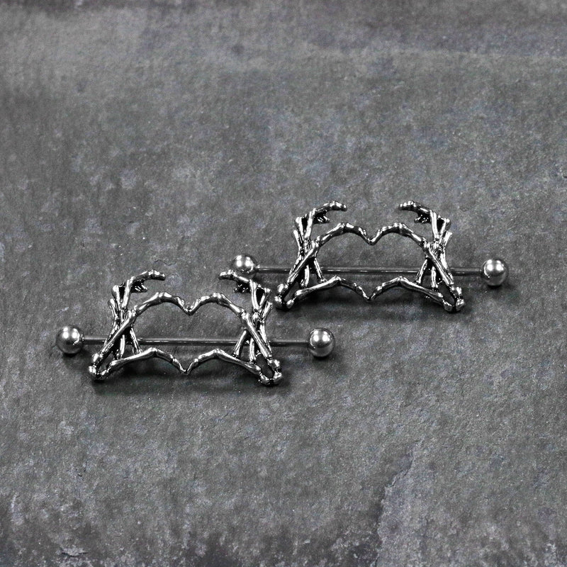 1 1/2 Skeleton Hand Heart Nipple Barbell Shield Set