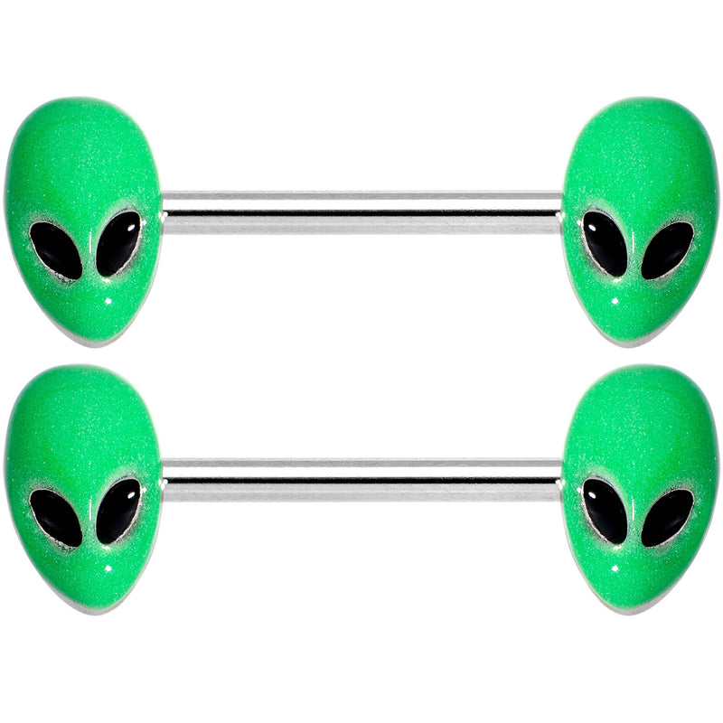 14G 9/16 Green Glow in the Dark Aliens Barbell Nipple Ring Set