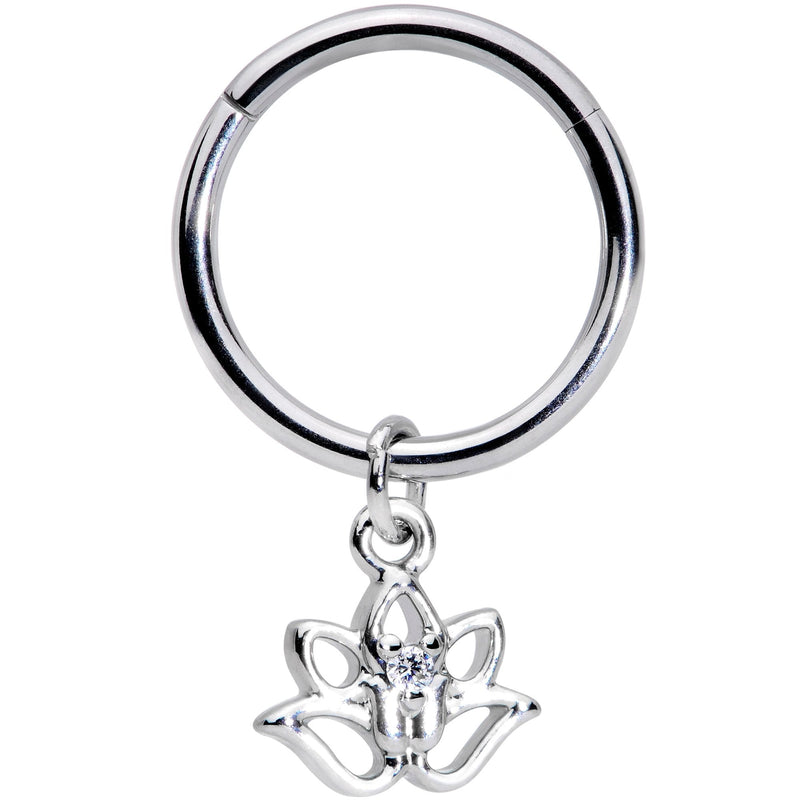 16G 3/8 Clear CZ Gem Lotus Flower Dangle Hinged Segment Ring