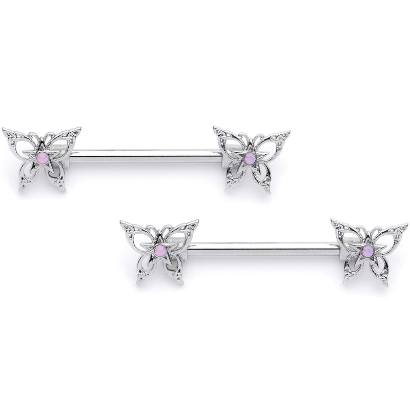 14G 9/16 Pink Faux Opal Lacy Butterfly Barbell Nipple Ring Set