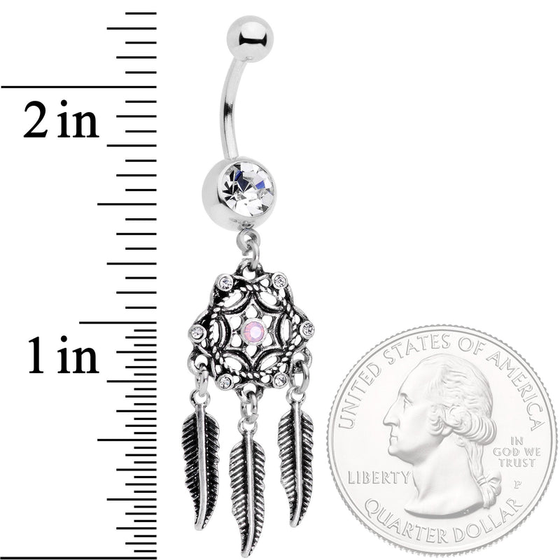 Clear Gem Pink Faux Opal Feather Dreamcatcher Dangle Belly Ring