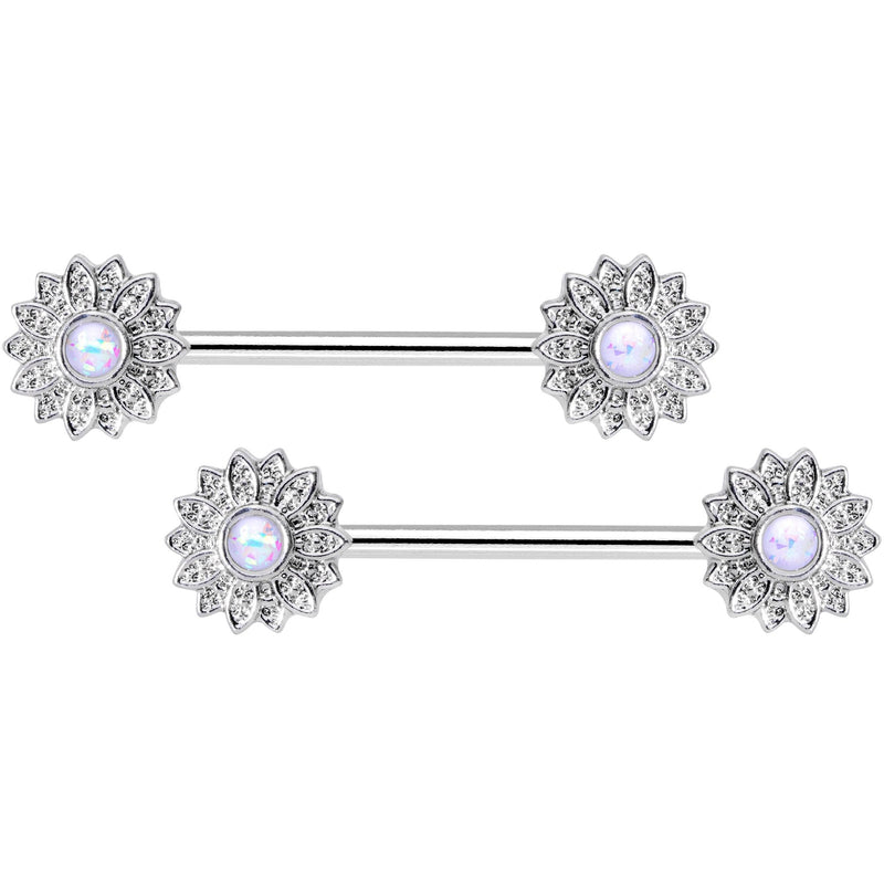 14G 9/16 1/2 White Faux Opal Horseshoe Barbell Nipple Ring Set