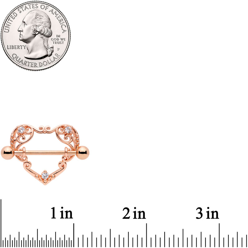 14G 9/16 Clear CZ Gem Rose Gold Tone Open Heart Nipple Shield Set