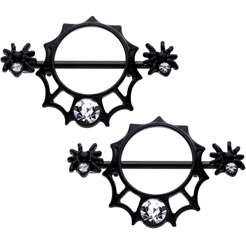 14G 9/16 Clear Gem Black Spider Web Nipple Shield Set