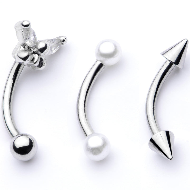 16G 5/16 Clear Gem Butterfly Curved Eyebrow Ring Set of 3
