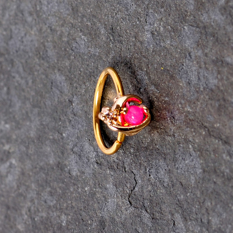20G 5/16 Clear CZ Gem Pink Faux Opal Gold Tone Planet Nose Hoop