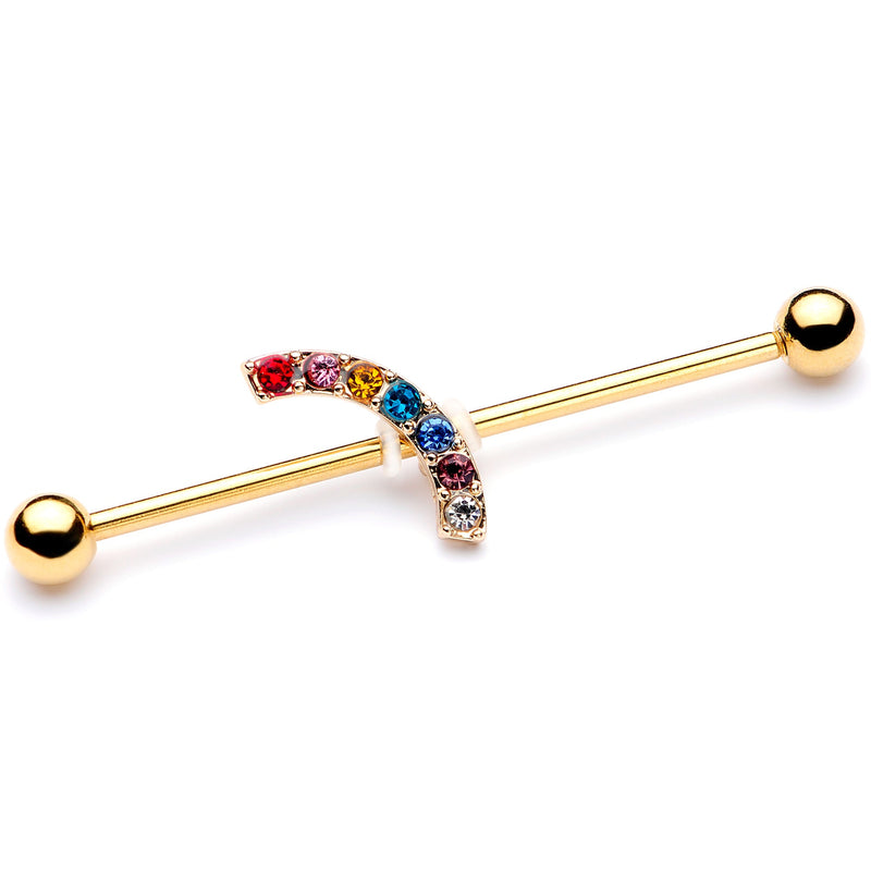 14G Red Blue Gem Gold Tone Rainbow Arc Industrial Barbell 38mm