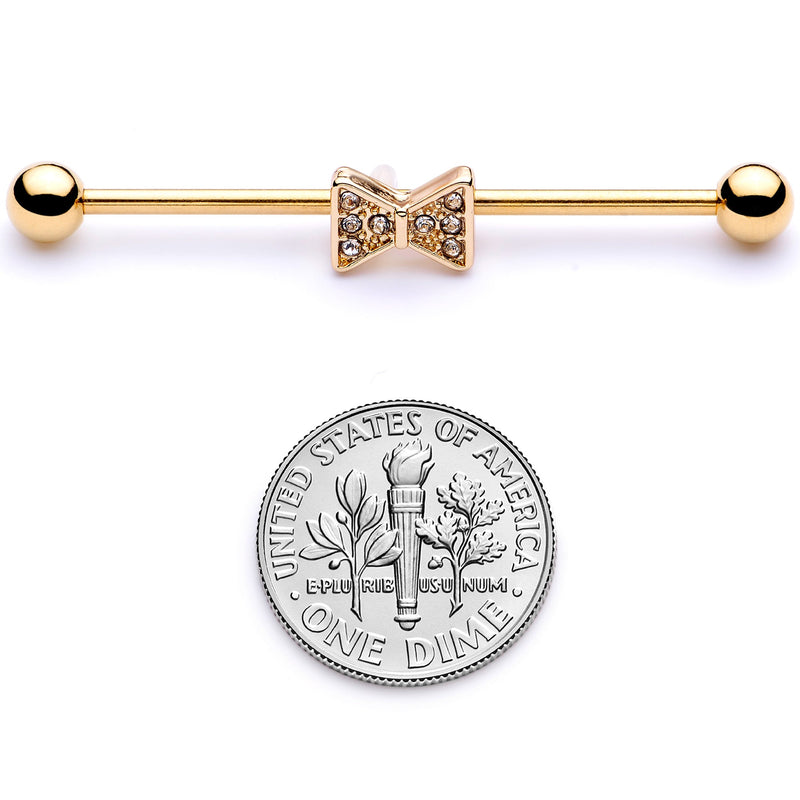 14G Clear Gem Gold Tone Bow Tie Industrial Barbell 38mm