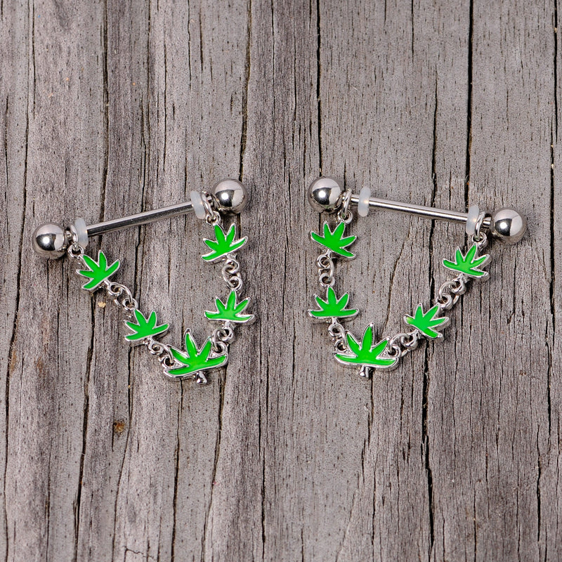 14G 5/8 Green Marijuana Pot Leaf Dangle Barbell Nipple Ring Set