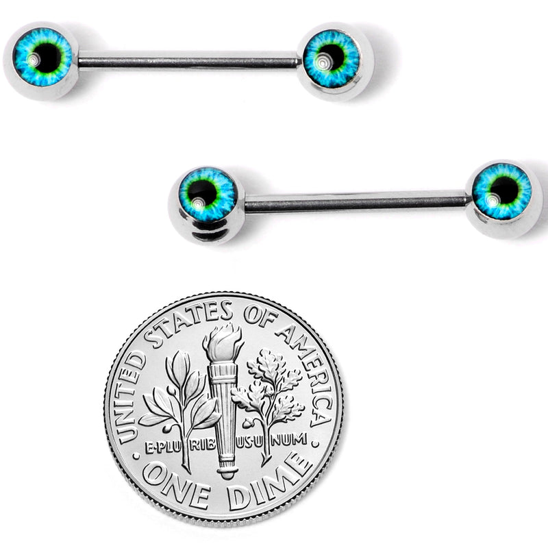 14G 5/8 Haunting Human Blue Eyeball Halloween Nipple Ring Set