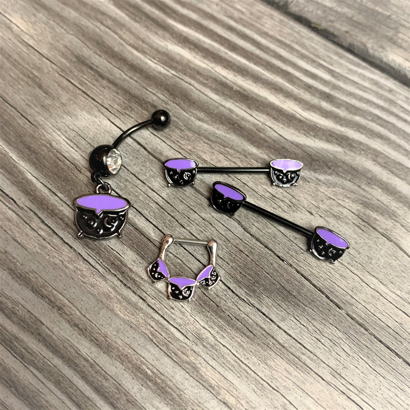 16G 3/8 Black Purple Cauldron Halloween Cartilage Clicker
