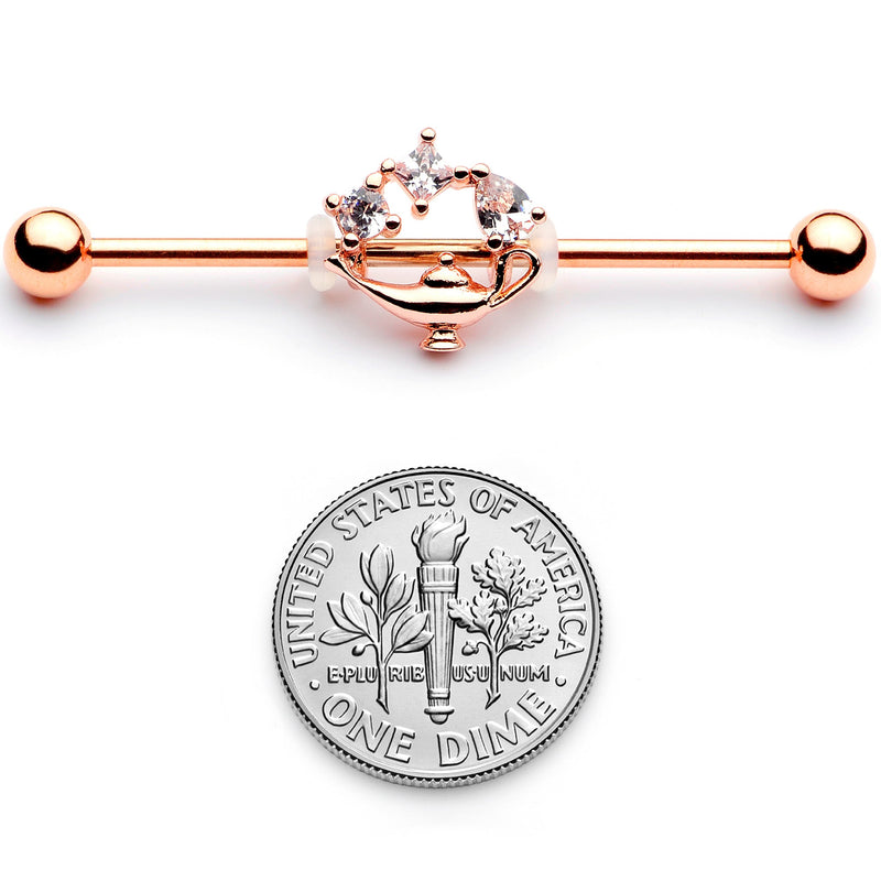 14G Clear CZ Gem Rose Gold Hue Genie Lamp Industrial Barbell 38mm