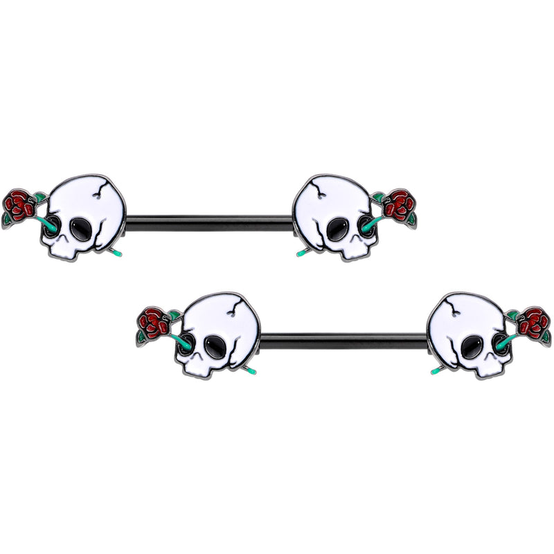 14G 9/16 Black PVD Rose Scary Skull Halloween Nipple Ring Set