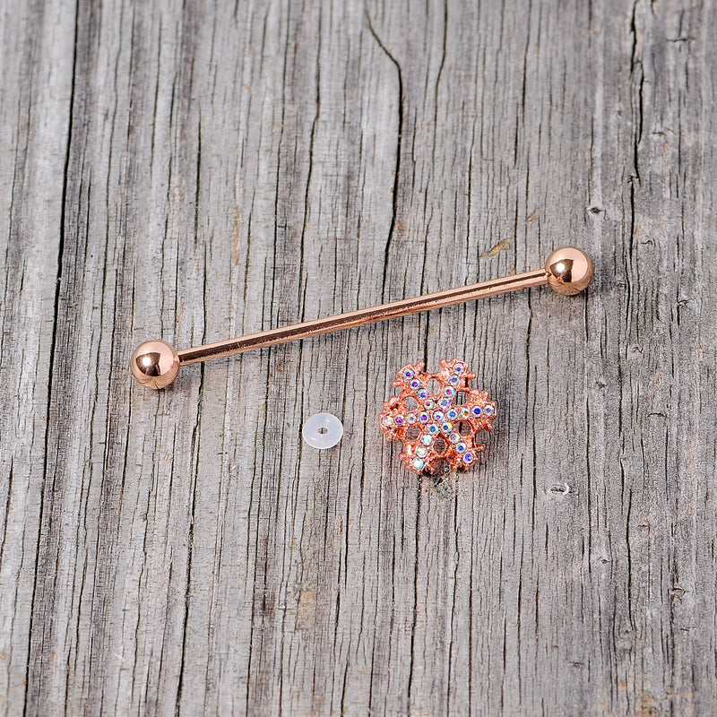 14G Aurora Gem Rose Gold Tone Snowflake Industrial Barbell 38mm