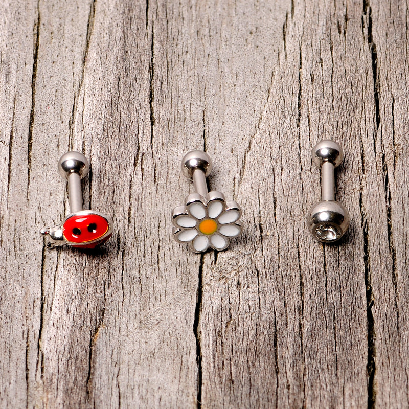 16G 1/4 Clear Gem Ladybug Cartilage Tragus Curation Set of 3
