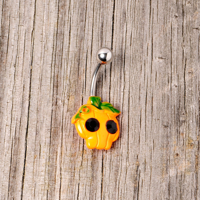 Black Gem Orange Pumpkin Jack O Lantern Halloween Belly Ring