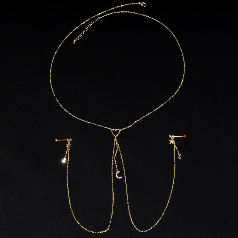 14G 5/8 Clear Gem Gold Tone Heart Star Nipple Chain Necklace