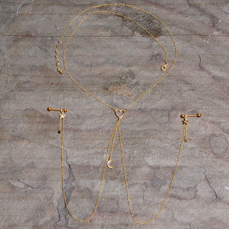 14G 5/8 Clear Gem Gold Tone Heart Star Nipple Chain Necklace