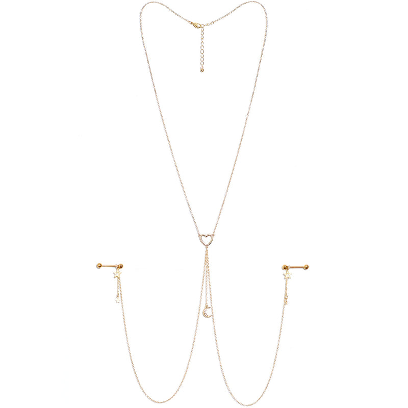 14G 5/8 Clear Gem Gold Tone Heart Star Nipple Chain Necklace