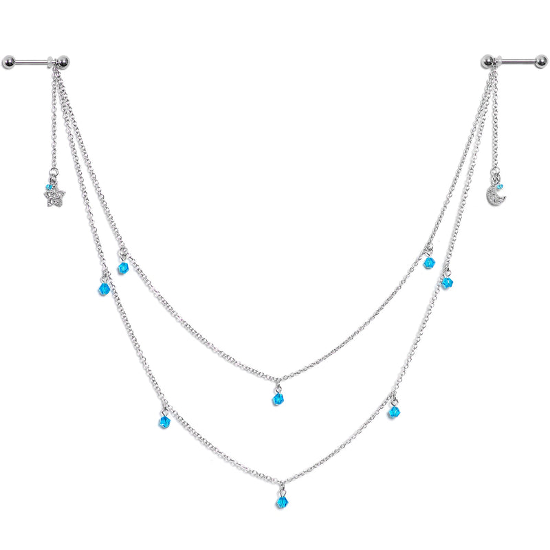 14G 5/8 Blue Gem Moon Star Double Dangle Nipple Chain