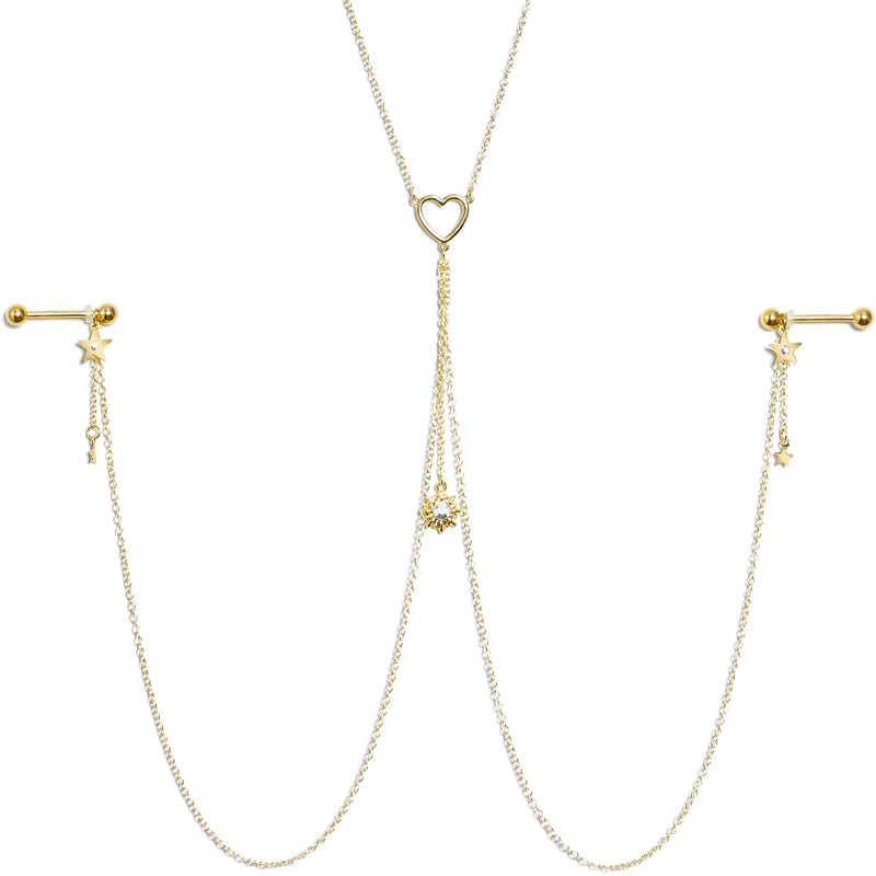 14G 5/8 Clear Gem Gold Tone Sun Heart Star Nipple Chain Necklace