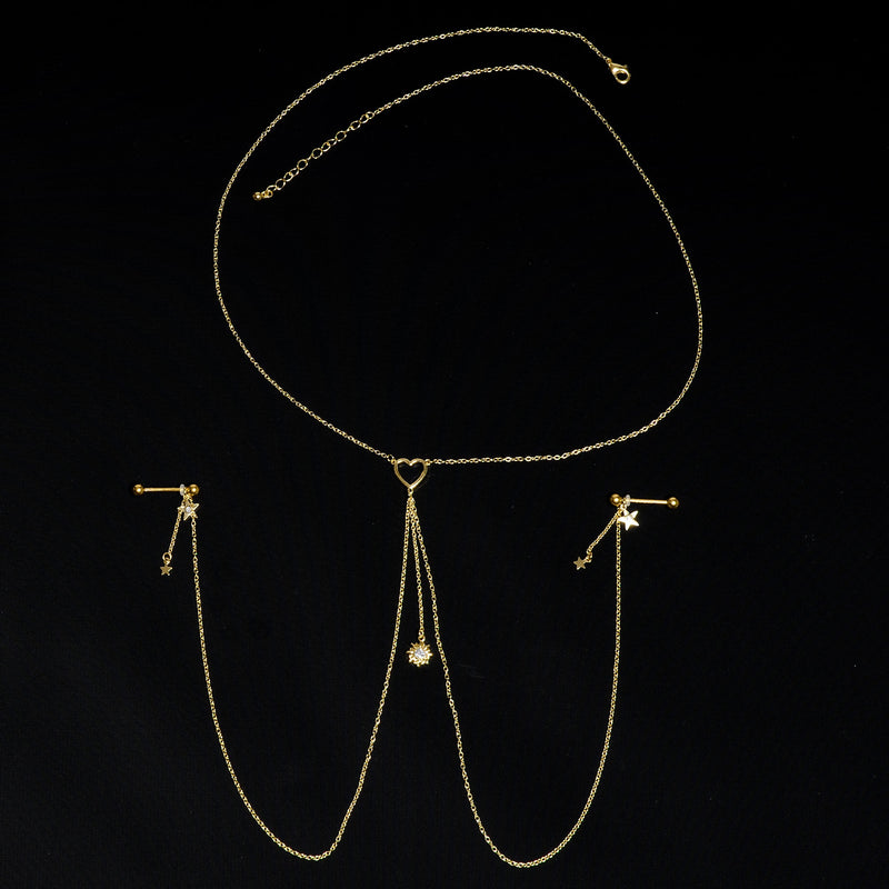 14G 5/8 Clear Gem Gold Tone Sun Heart Star Nipple Chain Necklace