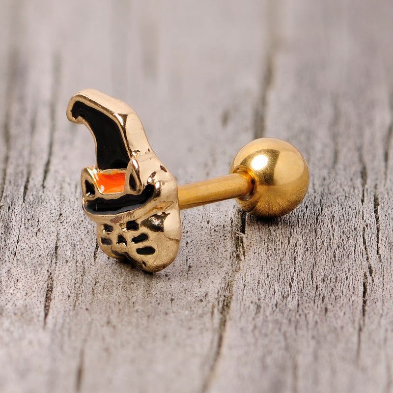 16G 1/4 Black Gold Tone Witch Hat Cat Halloween Cartilage Tragus