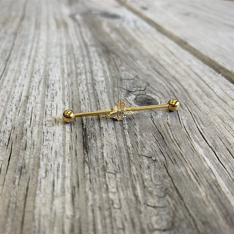 14G Clear Gem Gold Tone Alien UFO Beam Industrial Barbell 38mm