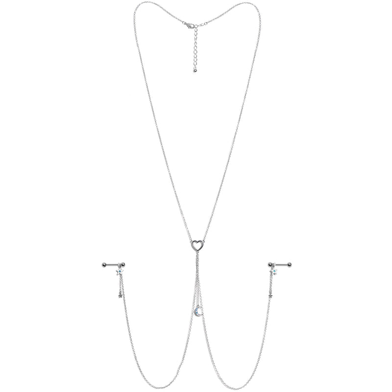 14G 5/8 Blue Gem Moon Heart Star Nipple Chain Necklace