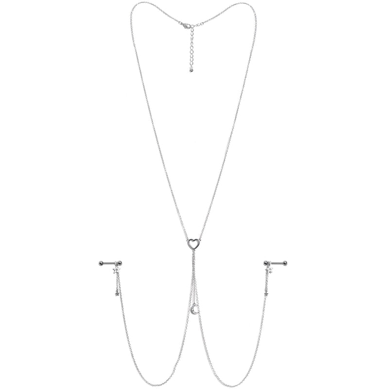 14G 5/8 Clear Gem Moon Heart Star Nipple Chain Necklace