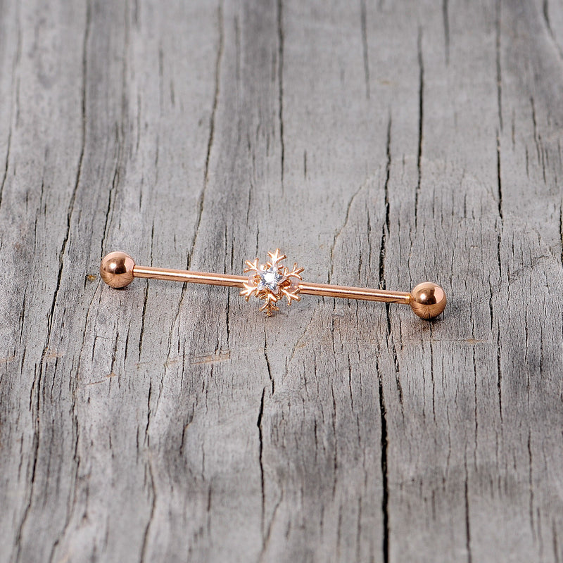 14G Clear Gem Rose Gold Tone Snowflake Industrial Barbell 38mm