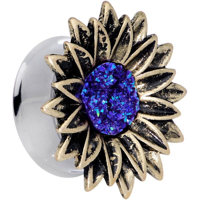 Blue Faux Druzy Sunburst Flower Double Flare Plug Set 2G to 1"