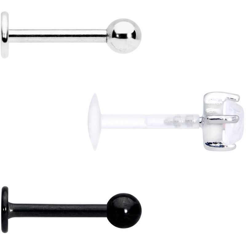 16G 5/16 Faux White Opal Flexible Bioplast Black Labret Set of 3