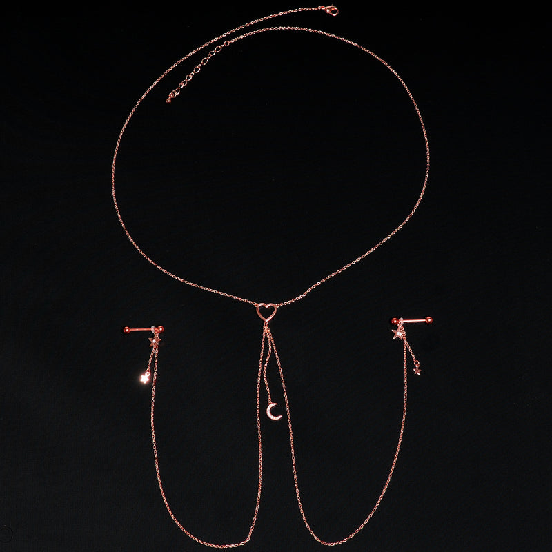 14G 5/8 Aurora Gem Rose Gold Hue Star Moon Nipple Chain Necklace
