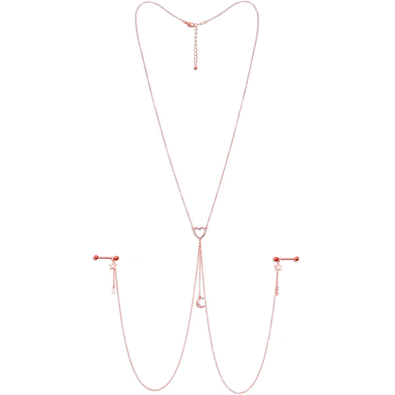 14G 5/8 Aurora Gem Rose Gold Hue Star Moon Nipple Chain Necklace