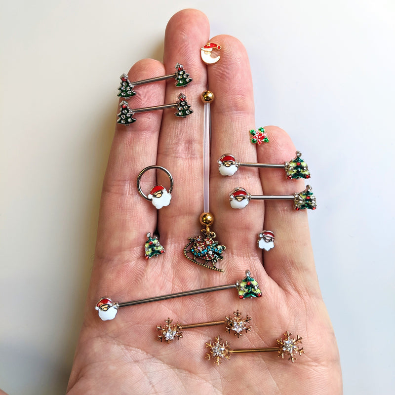 14G 9/16 Clear Red Gem Christmas Tree Barbell Nipple Ring Set