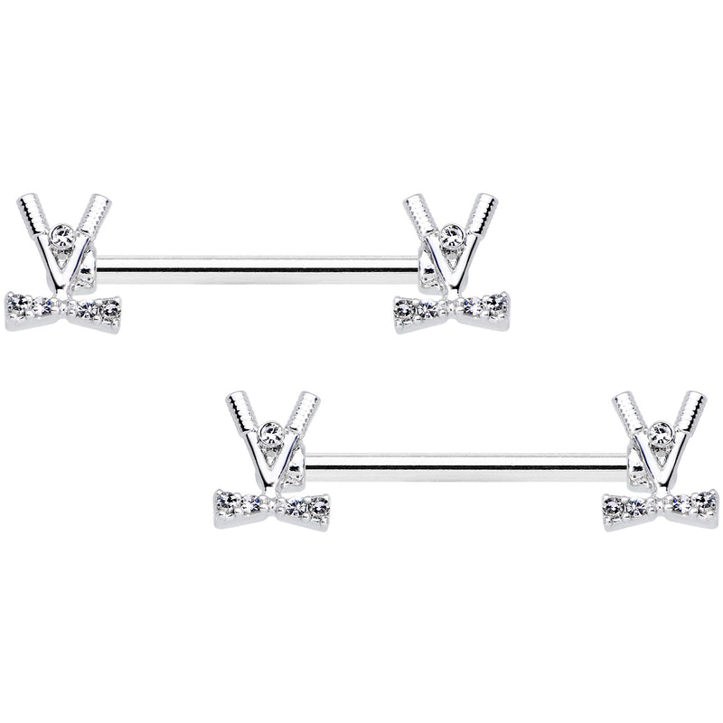 14G 9/16  Clear CZ Gem Crossed Golf Clubs Barbell Nipple Ring Set