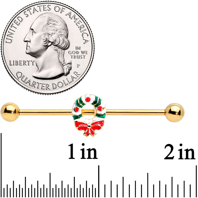 14G Gold Tone PVD Christmas Wreath Industrial Barbell 38mm