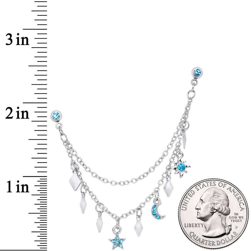16G 1/4 Aqua Gem Moon Star Sun Dangle Cartilage Chain Earring